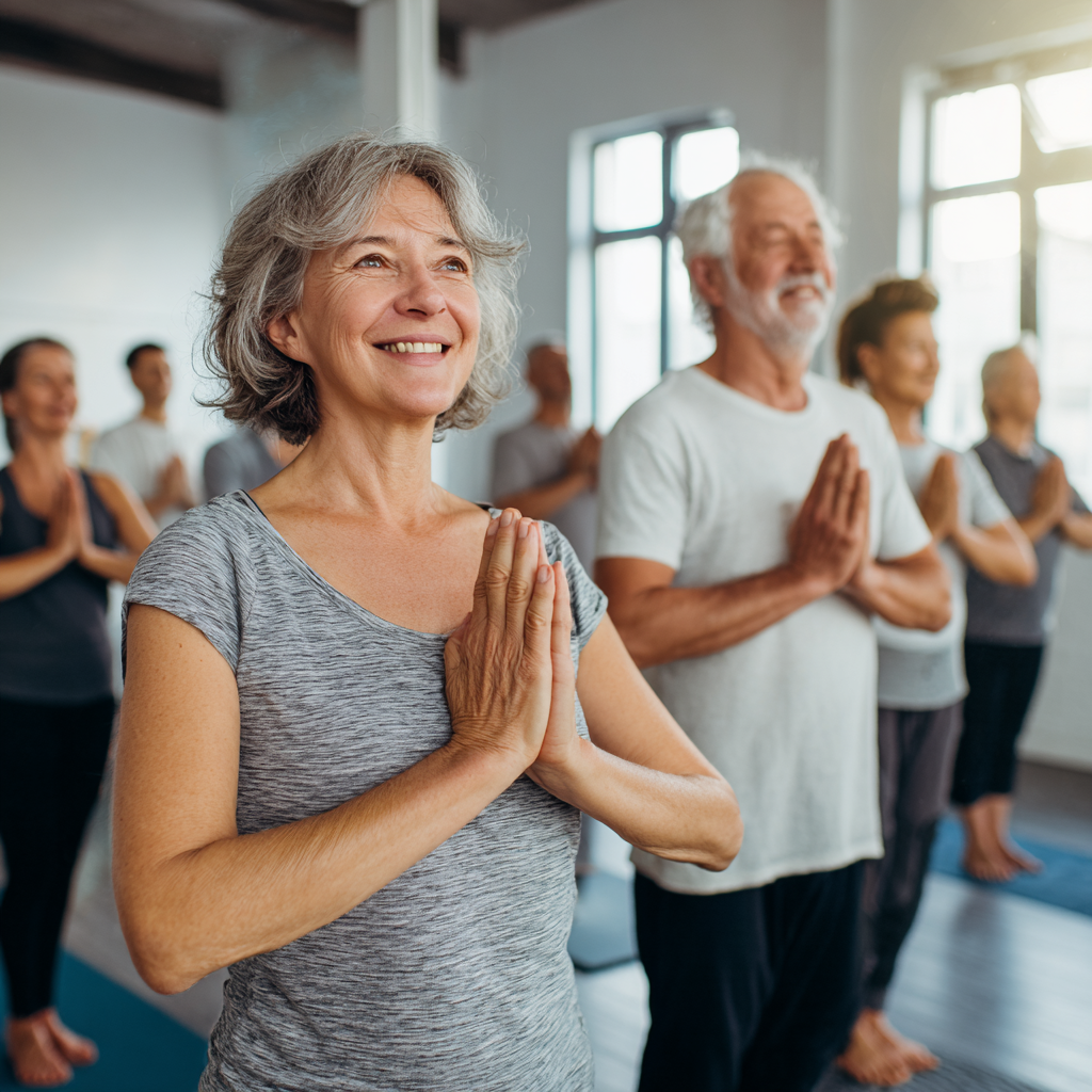 A group of smiling middle-aged Ukrainian adults practicing yoga poses in a bright, peaceful studio with natural lighting